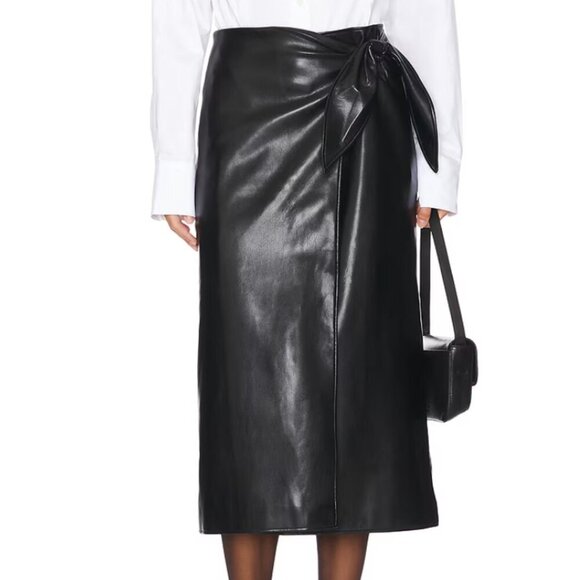 Paige Midi Skirt Black Faux Leather Wrap Tie Front High Rise Chic Size 8 Revolve - Picture 1 of 15